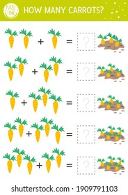 Easter counting game with carrots. Holiday activity for preschool children with garden theme. Educational spring printable math worksheet. Addition puzzle for kids
