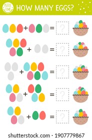 Easter counting game with colored eggs and basket. Holiday activity for preschool children. Educational spring printable math worksheet. Addition puzzle for kids
