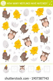 Easter counting game with cute little birds. Spring math activity for preschool children. Simple printable worksheet with funny owl, chick, egg. Educational puzzle for kids. How many nestlings hatched