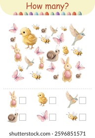 Easter counting game for kids with spring animals and insects