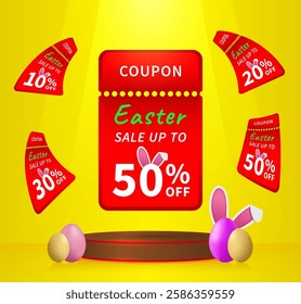 Easter coupons with festive bunny ears and luxury podium. Festive red gift coupon for discount. Holiday sale voucher. Yellow special offer banner. Vector illustration