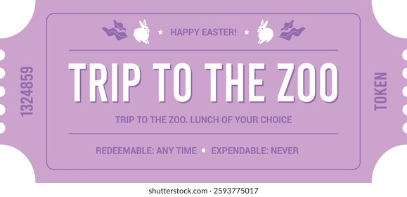 Easter couponsor ticket for egg hunt. Vector illustrated easter token for children. Basket stuffer treat coupon. Easter themed reward or prize coupon card for kids.