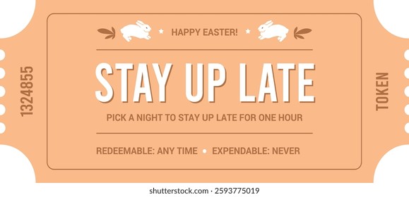 Easter couponsor ticket for egg hunt. Vector illustrated easter token for children. Basket stuffer treat coupon. Easter themed reward or prize coupon card for kids.