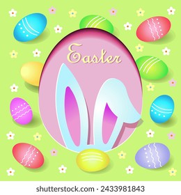  Easter. Cover, brochure, flyer, greeting card with easter eggs and hidden bunny. Paper cutting and crafting style.