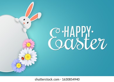 Easter cover. Cute cartoon rabbit and egg. Spring flowers with ladybug. Greeting card. Egg hunt. Vector illustration. EPS 10