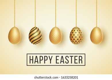 Easter cover. Hanging golden eggs with a pattern on a light background. Vector illustration. EPS 10