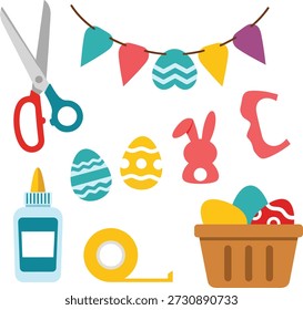 Mesa artesanal de Pascua con recortes de papel, guirnaldas, tijeras y herramientas de decoración. Ilustración vectorial plana sobre fondo blanco.