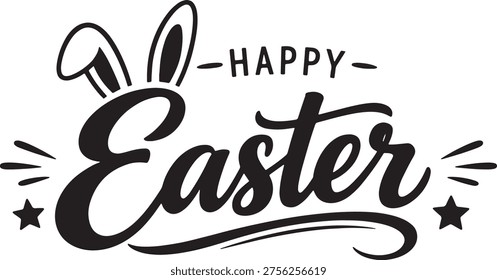 Easter Craft Vector. Happy Easter Script with Bunny Ears Illustrations.