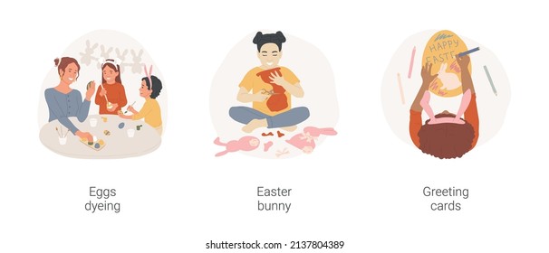 Artesanías de Pascua aisladas ilustraciones vectoriales de dibujos animados. Feliz pintura familiar de huevos de Pascua juntos, niñas haciendo conejitos de artesanía, tarjetas de felicitación diy, dibujos vectores de preparación de fiestas religiosas.