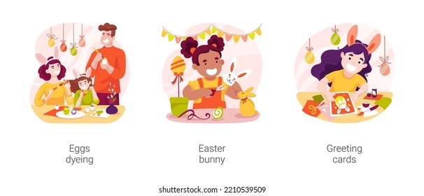 Artesanías de Pascua aisladas ilustraciones vectoriales de dibujos animados. Feliz pintura familiar de huevos de Pascua juntos, niñas haciendo conejitos de artesanía, tarjetas de felicitación diy, dibujos vectores de preparación de fiestas religiosas.