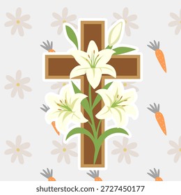Cruz de Pascua adornada con Lirios Blancos y Zanahorias de Primavera