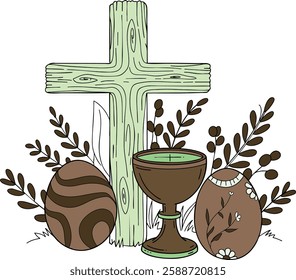 Easter cross, chalice, and decorated eggs with foliage. Muted color palette. Ideal for minimalist religious designs or spring celebrations