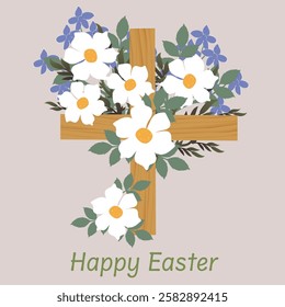 Easter cross decorated with white and purple flowers and green leaves with a "Happy Easter" message on a soft background