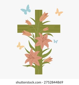Easter Cross with Lily Flowers and Spring Butterflies
