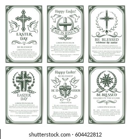 Easter cross religious poster set. Crucifix cross symbol with laurel wreath, palm branches and flying dove birds, supplemented by text layouts for Easter holiday banner and flyer design