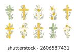 Easter Cross Sketch Set Rustic Collection Jesus Christ Crosses Religion Vector Catholic Floral Vintage Pastel Blooming Flowers