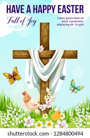 Easter cross with spring flower greeting card. Christian religion crucifix on sunny meadow with chicken, chick and butterfly, daffodil, lily and crocus flower for Easter Sunday and He Is Risen design