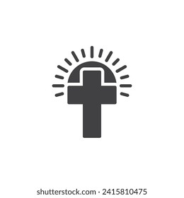Icono de la cruz de Pascua y del vector del sol. signo plano relleno para concepto móvil y diseño web. Icono de glifo de Amanecer Pascua. Símbolo, ilustración del logotipo. Gráficos vectoriales
