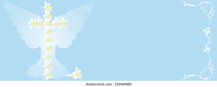 easter cross of white lily on blue background