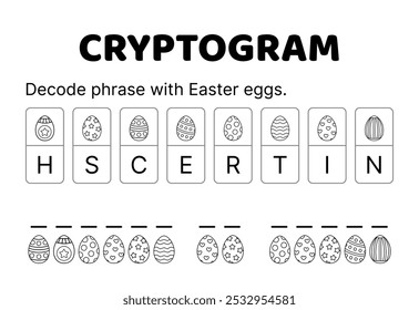 Criptograma de Pascua. Juego en blanco y negro. Criptograma. Decodificar la frase con huevos de Pascua. Completa las palabras. Ilustración vectorial aislada imprimible eps 10
