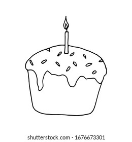 Pascua, pastelito con una vela. Dibujo lineal en blanco y negro a mano. Estilo Doodle. Ilustración vectorial. Elemento de diseño, tarjeta de saludo , afiche.