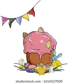 Easter cupcake with colored eggs, daffodils and a garland. Spring flowers, illustration for cards, invitations, banners.
