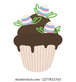 Easter cupcake decorated with eggs. Illustration of an Easter chocolate cupcake.
