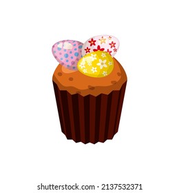 Easter cupcake with decorated eggs, muffin. Sweet food, dessert