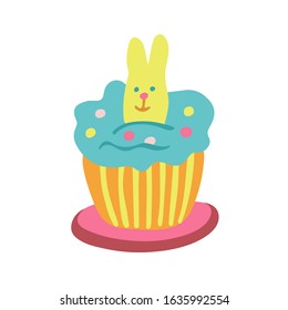 Easter cupcake decorated with a rabbit biscuit, jelly beans and color whipped cream. Hand drawn vector illustration isolated on white background. Great for Easter products design, cards, treats.