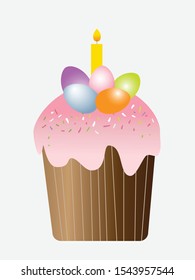 easter cupcake with eggs and candle. illustration for greeting card. Recipe picture and packaging desing. Digital drawn. Food art.