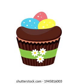Easter cupcake with eggs in nest isolated on white background. Cake sweets food muffin with colored bird eggs in chocolate nest. Flat design cartoon style home made dessert vector illustration.