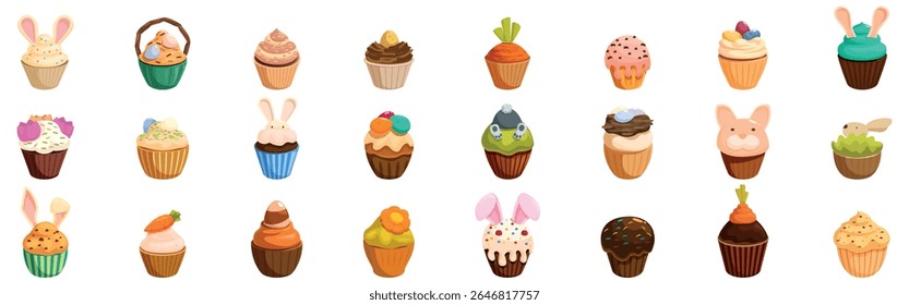 Easter cupcake icons set. Colorful easter cupcakes decorated with bunny ears, carrots, flowers, and pastel frosting bring a festive touch to the holiday celebrations