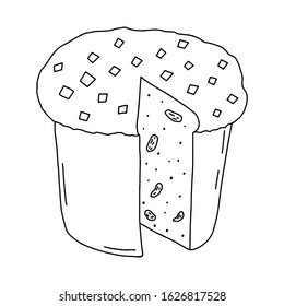 Easter cupcake isolated on white background. Hand-drawn line drawing. Doodles.Cupcake with a cut-out piece with raisins .For textiles, postcards, and jewelry. Vector illustration