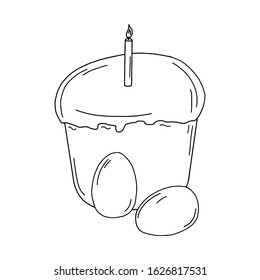 Easter cupcake isolated on white background. Hand-drawn line drawing. Doodles.Cupcake with a candle and eggs .For textiles, postcards, and jewelry. Vector illustration