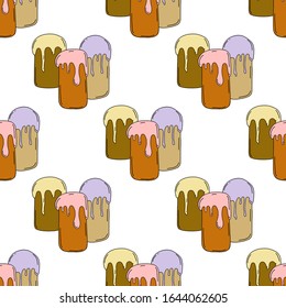 Easter cupcake seamless pattern isolated on white background. Hand drawn line drawing. Scrawl.3 cupcakes .For textiles, postcards and jewelry. Vector illustration