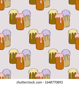 Easter cupcake seamless pattern isolated on light pink background. Hand drawn line drawing.  3 cupcakes . 