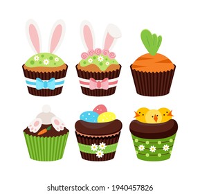 Easter cupcakes with kids decor set isolated on white background. Cake sweets food muffin with bunny ears, egg, nest with bird, carrot. Flat design cartoon style home made dessert vector illustration.