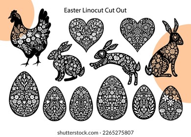 Easter Cut Cut Silhouette Set with Rabbit, Eggs, Chicken in Flowers Decor. Elegant Folk Style Decorative Easter Symbols Collection. Vector Illustration Isolated. Black and White Linocut Bunny,Egg Hunt