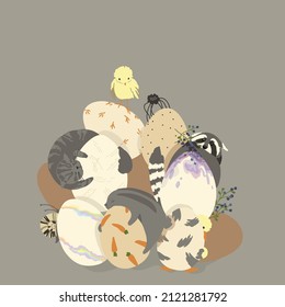 
Easter cute animals with painted eggs for the holiday. Easter eggs with a pattern. Raccoon, spider, chickens and cat. Children's Easter cartoon. Happy easter.