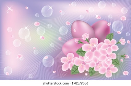 Easter cute banner with eggs and sakura flores, vector illustration