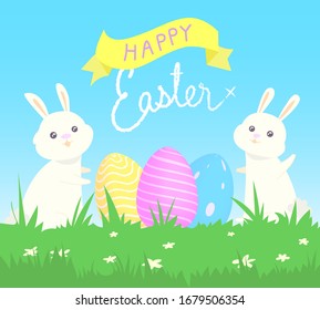 Easter cute bunnies with eggs in spring nature banner card design, with Happy Easter creative hand written greeting, Easter egg celebration
