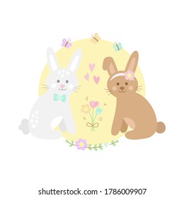 Easter cute bunnies vector illustration graphic. Hand drawn spring rabbits in love, sitting next to each other with flowers and butterflies in circle around them. Isolated.