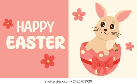 Easter cute bunny. Adorable easter rabbit with egg. Happy Easter card for poster, card, scrapbooking, stickers. Hand draw Flat cartoon vector illustration.
