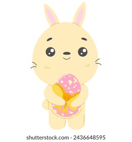 Easter cute bunny. Adorable Easter rabbit with traditional festive décor. For poster, card, scrapbooking, stickers. Hand draw Flat cartoon vector illustration.