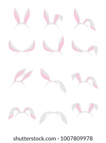 Easter cute bunny ears masks set. Rabbit ear spring hat collection isolated on white. Masquerade head decor