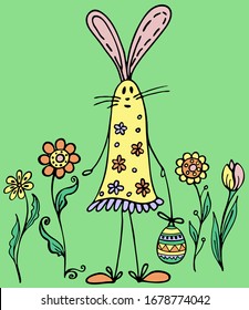 Easter cute bunny, easter egg, snowdrop flowers. Linear pattern made of decorative flowers. Funny Isolated colorful vector elements for your design. Plants nature of wild field EPS 8