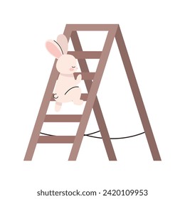 Easter cute bunny, eggs set. Adorable easter rabbit with traditional festive decor. Spring elements, eggs, Christian holiday, Easter baskets, flowers. Vector illustration isolated on white background