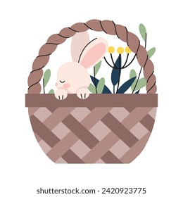 Easter cute bunny, eggs set. Adorable easter rabbit with traditional festive decor. Spring elements, eggs, Christian holiday, Easter baskets, flowers. Vector illustration isolated on white background