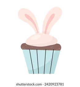Easter cute bunny, eggs set. Adorable easter rabbit with traditional festive decor. Spring elements, eggs, Christian holiday, Easter baskets, flowers. Vector illustration isolated on white background