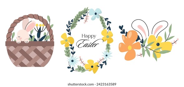 Bonito conejito de Pascua, huevos puestos. Adorable conejo de Pascua con decoración tradicional festiva. Elementos de primavera, huevos, fiestas cristianas, cestas de Pascua, flores. Ilustración del vector aislada en fondo blanco